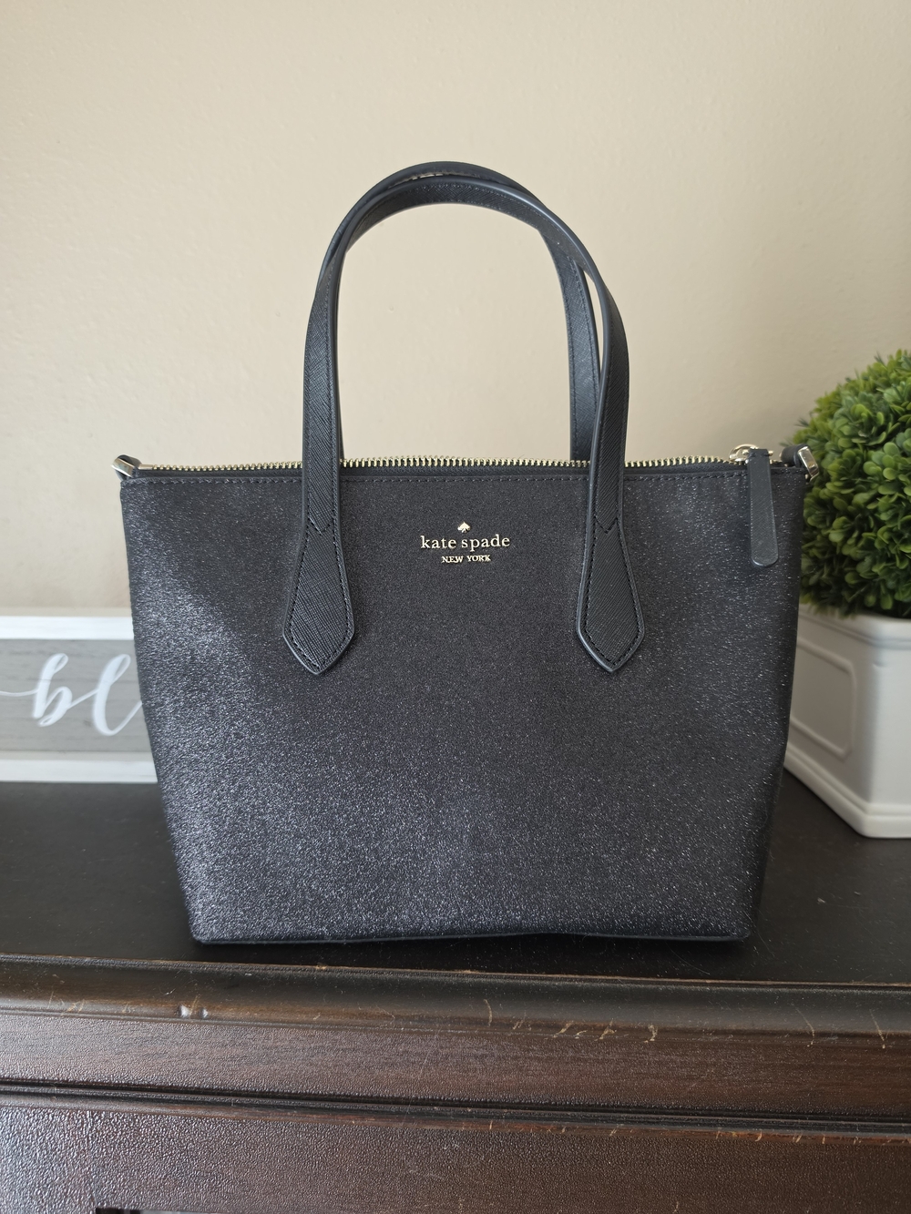 Kate Spade Tinsel Black Glitter Satchel + Matching Wallet Set